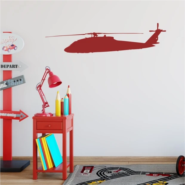 Naklejka na ścianę helikopter 2299 - Aranżacja w pokoju dziecięcym. Ściany w jasnych kolorach, meble w intensywnych barwach