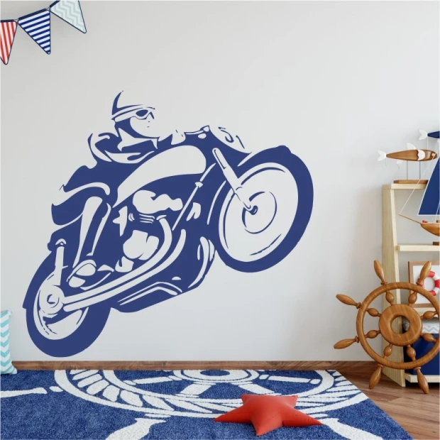 Naklejka na ścianę motocykl vintage 2333 - Wzór graficzny. Motocykl w ruchu, w kolorze granatowym na jasnym tle