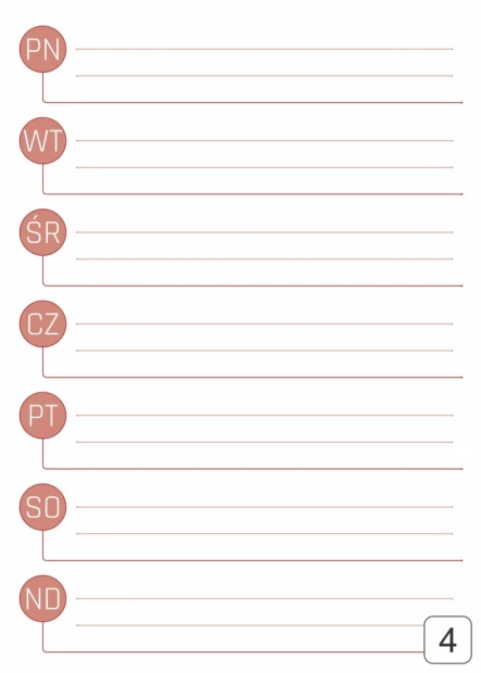 Prostokątna tablica suchościeralna z nadrukiem planera tygodniowego z brązowymi kółkami na białym tle