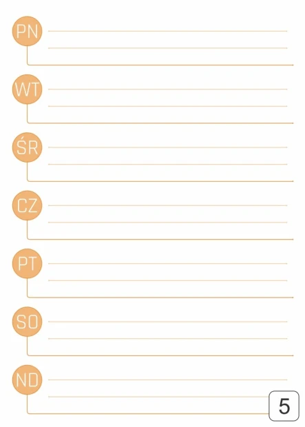 Prostokątna tablica suchościeralna z nadrukiem planera tygodniowego z pomarańczowymi kółkami na białym tle