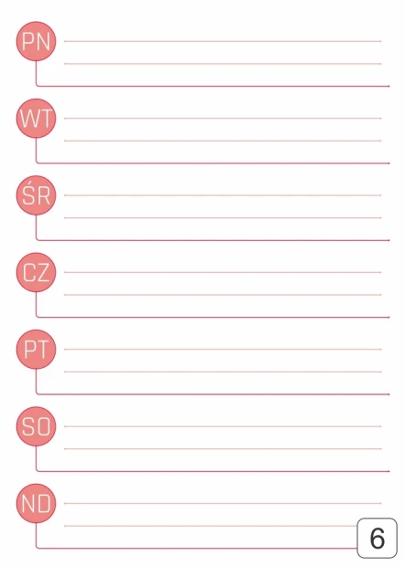 Prostokątna tablica suchościeralna z nadrukiem planera tygodniowego z różowymi kółkami na białym tle