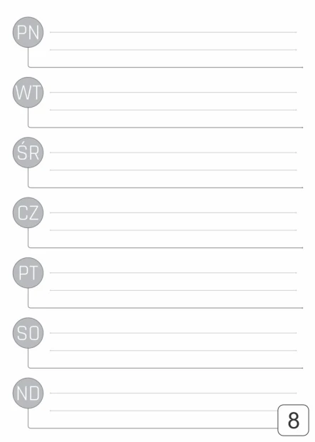 Prostokątna tablica suchościeralna z nadrukiem planera tygodniowego z szarymi kółkami na białym tle