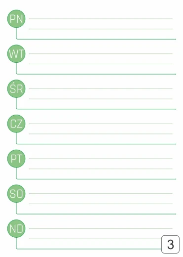Tablica magnetyczna z nadrukiem planera tygodniowego z zielonymi kółkami dni tygodnia