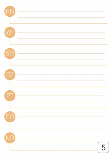 Tablica magnetyczna z nadrukiem planera tygodniowego z pomarańczowymi kółkami dni tygodnia