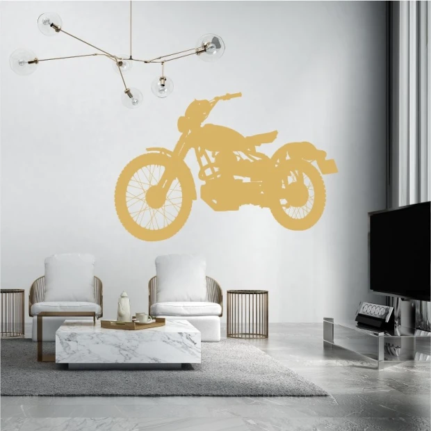 Naklejka na ścianę motocykl 2325 - Aranżacja w salonie. Ściany w jasnym kolorze, nowoczesne meble w neutralnych odcieniach