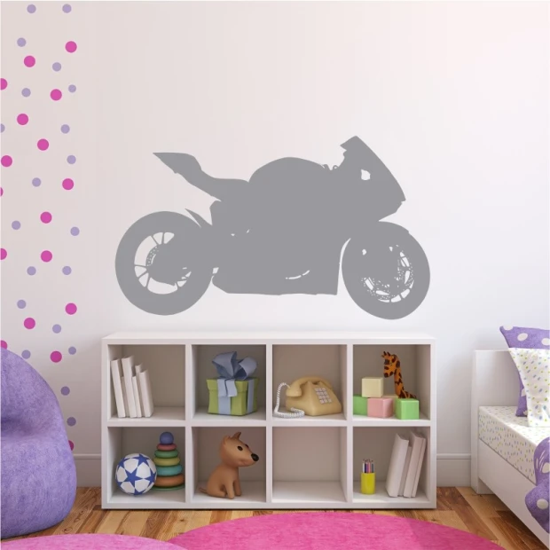 Naklejka na ścianę motocykl sportowy 2310 - Aranżacja w pokoju dziecięcym. Ściany w jasnych kolorach z kolorowymi kropkami