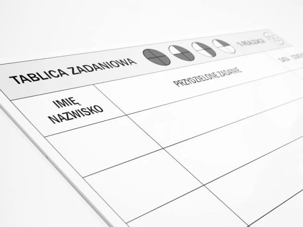 Suchościeralna tablica zadaniowa z nadrukiem tabeli do planowania zadań i analizy ich realizacji w zbliżeniu