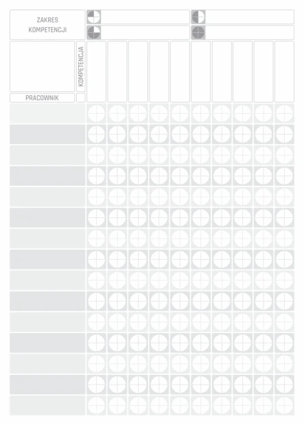 Macierz kompetencji 15 pracowników tablica magnetyczna suchościeralna lean 122 - Wzór graficzny. Siatka z okręgami i pustymi