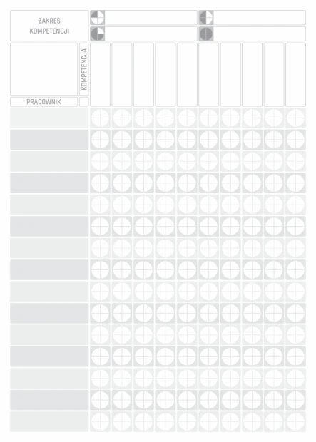 Macierz kompetencji 15 pracowników tablica suchościeralna lean 122 - Wzór graficzny. Siatka z okręgami i pustymi polami