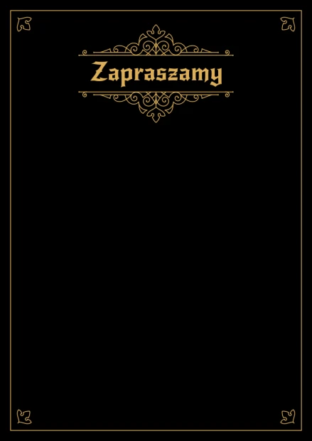 Tablica kredowa Zapraszamy 046 - Wzór graficzny. Czarny prostokąt z napisem Zapraszamy w górnej części, ozdobiony złotymi