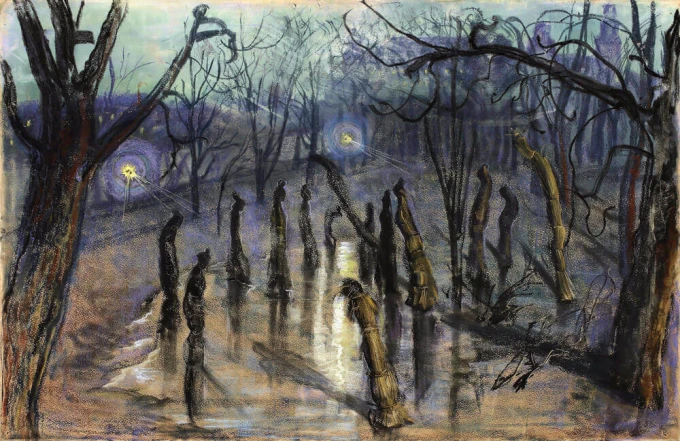 Reprodukcja Chochoły (Planty nocą), Stanisław Wyspiański - Wzór graficzny. Obraz przedstawia postacie w ciemnym otoczeniu