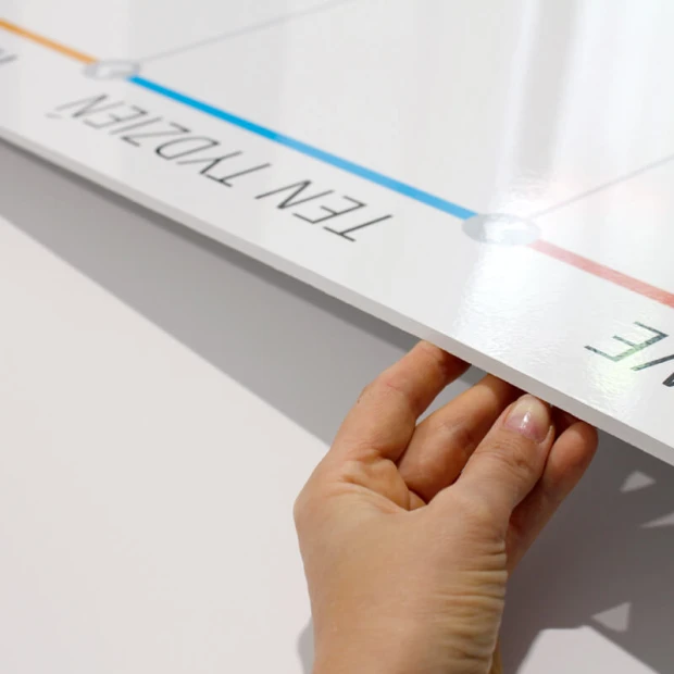 Tablica kanban suchościeralna lean board 097 - Wzór graficzny. Prosta siatka z kolorowymi liniami i napisami