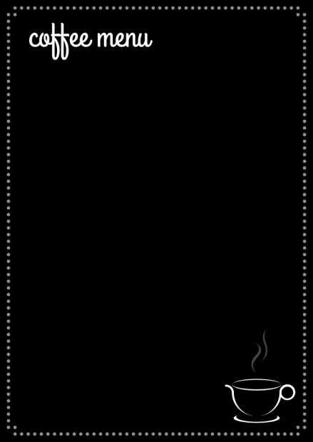 Tablica kredowa z nadrukiem coffee menu, ozdobną ramką i grafiką filiżanki na białym tle