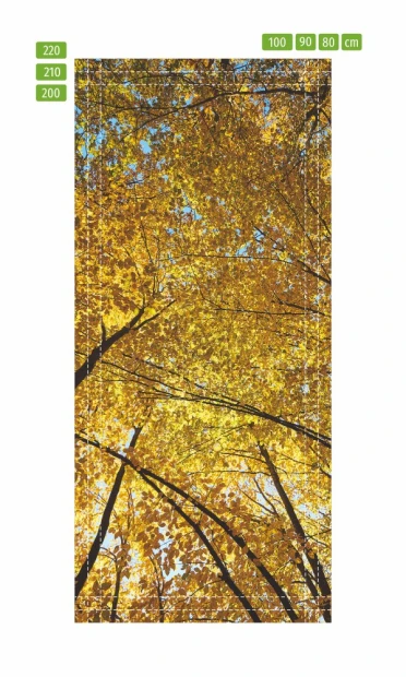 Fototapeta naklejka na drzwi las FP 6302 - Wzór graficzny. Grafika przedstawia żółte liście drzew na tle nieba