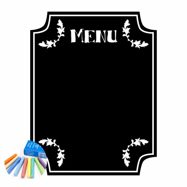 Naklejka kredowa o ozdobnym kształcie z wyciętym napisem MENU i ornamentami, zaprezentowana z kolorową kredą