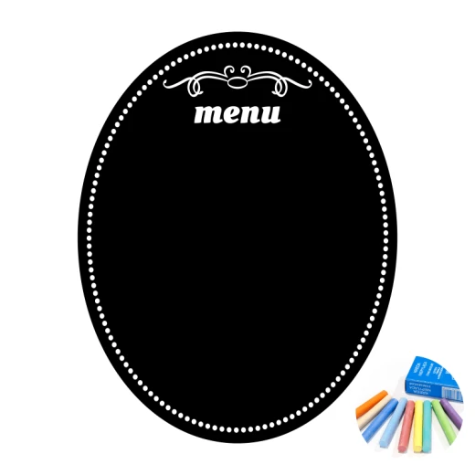 Naklejka kredowa w kształcie owalu z nadrukiem menu na białym tle, w zestawie z kolorową kredą