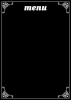 Tablica kredowa menu 063 - Wzór graficzny. Czarny prostokąt z białym napisem menu na górze i ozdobnymi rogami