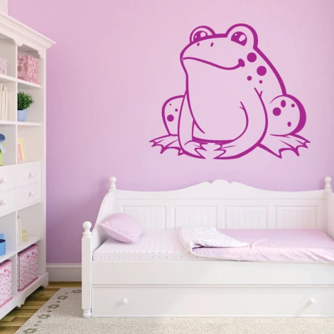 Naklejka na ścianę dla dzieci żabka 2390 - Aranżacja w pokoju dziecięcym. Ściany w kolorze różowym, prosta biała kanapa