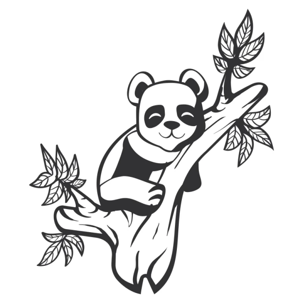Szablon do malowania dla dzieci niedźwiadek panda 2401 - Wzór graficzny. Panda siedzi na gałęzi z liśćmi, z wyraźnymi