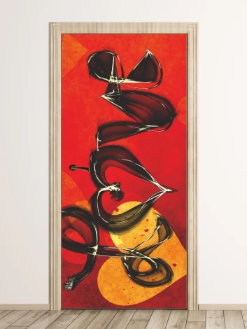 Fototapeta naklejka na drzwi Love FP 6316 - Wzór graficzny. Czerwone tło z czarnymi, falistymi liniami i okrągłymi