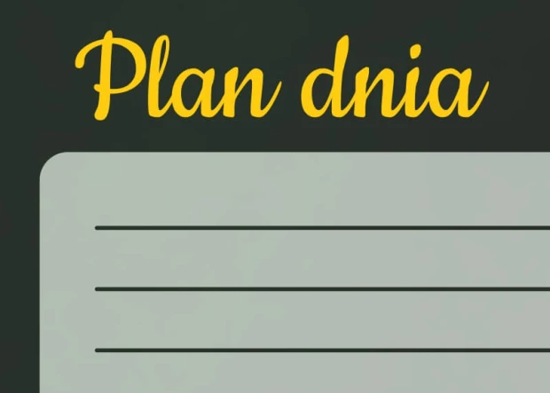 Plan dnia tablica suchościeralna biedronka 358 - Wzór graficzny. Żółty napis Plan dnia na szarym tle z poziomymi liniami