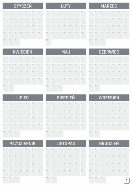 Tablica magnetyczna kalendarz suchościeralny uniwersalny roczny 352 - Wzór graficzny. Siatka z 12 miesięcznymi kalendarzami