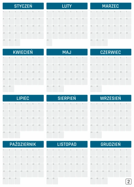 Tablica magnetyczna kalendarz suchościeralny uniwersalny roczny 352 - Wzór graficzny. Prostokątne pola z nazwami miesięcy