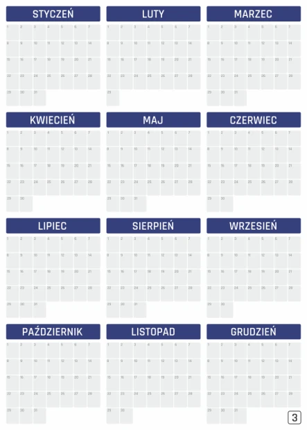 Tablica magnetyczna kalendarz suchościeralny uniwersalny roczny 352 - Wzór graficzny. Grafika przedstawia 12 miesięcy