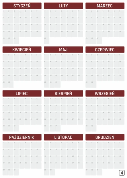 Tablica magnetyczna kalendarz suchościeralny uniwersalny roczny 352 - Wzór graficzny. Prosta siatka z 12 miesiącami, każdy