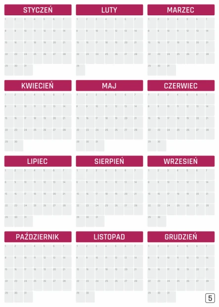 Tablica magnetyczna kalendarz suchościeralny uniwersalny roczny 352 - Wzór graficzny. Prostokątne pola z nazwami miesięcy