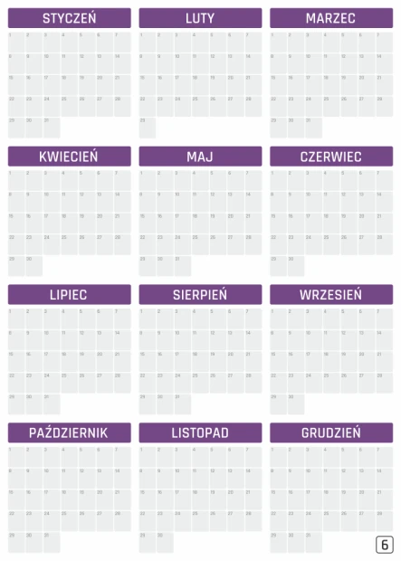 Tablica magnetyczna kalendarz suchościeralny uniwersalny roczny 352 - Wzór graficzny. Prosty układ miesięcy w siatce