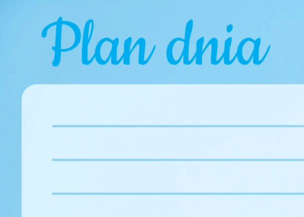 Detal tablicy magnetycznej suchościeralnej z napisem Plan dnia i liniami do pisania
