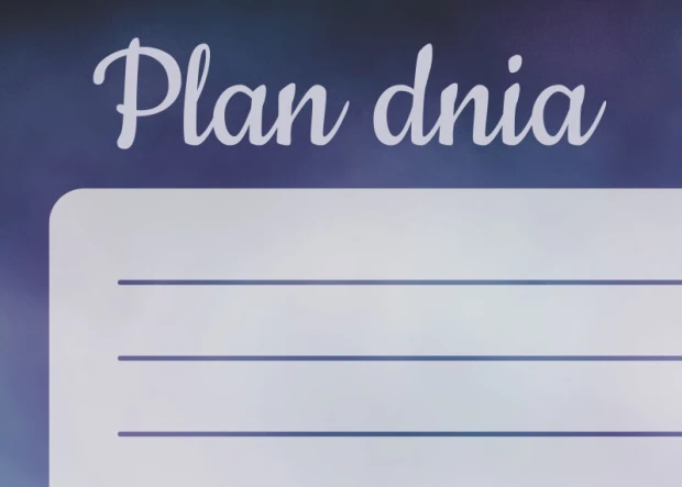 Tablica magnetyczna suchościeralna plan dnia dmuchawiec 356 - Wzór graficzny. Na tle w odcieniach fioletu znajduje się napis