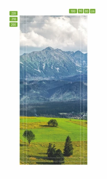 Fototapeta naklejka na drzwi góry FP 6327 - Wzór graficzny. Przedstawia góry w tle, zielone pola oraz drzewa w dolnej części