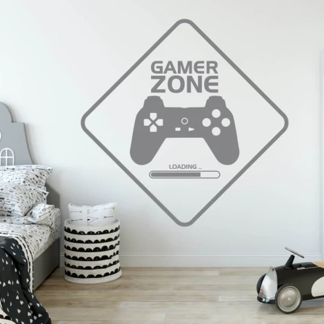 Szablon na ścianę Gamer zone 2405 - Aranżacja w pokoju dziecięcym. Ściany w jasnym kolorze, nowoczesne meble