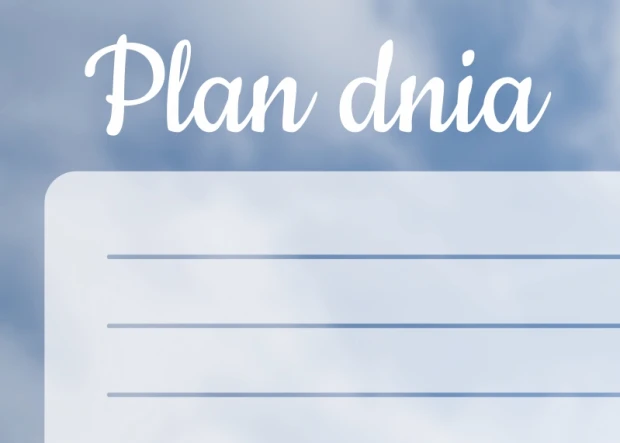 Detal tablicy magnetycznej suchościeralnej z napisem Plan dnia i liniami na tle chmur