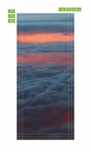 Fototapeta na drzwi z motywem chmur w infografice pokazującej linie pomocnicze do docinania wymiaru