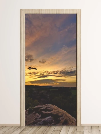 Fototapeta naklejka na drzwi górski krajobraz FP 6336 - Wzór graficzny. Przedstawia górski pejzaż z zachodem słońca