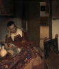 Reprodukcja A Maid Asleep, Johannes Vermeer - Aranżacja w kuchni. Ściany w jasnych odcieniach, drewniane meble