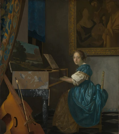 Reprodukcja A young woman seated at a virgina, Johannes Vermeer - Aranżacja w pokoju. Ściany w stonowanych kolorach, meble