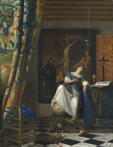 Reprodukcja Allegory of the Catholic Faith, Johannes Vermeer - Aranżacja w pokoju. Ściany w ciemnych kolorach, klasyczne