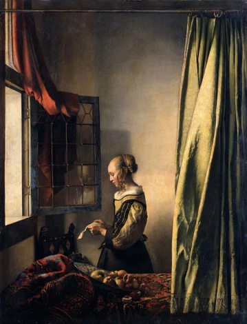 Reprodukcja Girl Reading a Letter by an Open Window, Johannes Vermeer - Aranżacja w pokoju. Ściany w jasnych odcieniach