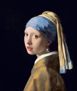 Reprodukcja Girl with a Pearl Earring, Johannes Vermeer - Wzór graficzny. Postać dziewczyny z perłą, ciemne tło, niebieski