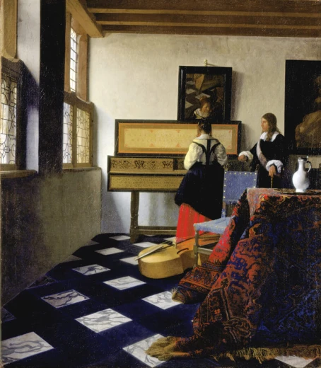 Reprodukcja obrazu Johannesa Vermeera Lady at the Virginal with a Gentleman przedstawia kobietę grającą na wirginale