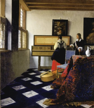 Reprodukcja Lady at the Virginal with a Gentleman, Johannes Vermeer - Aranżacja w jasnym pokoju. Ściany w neutralnych
