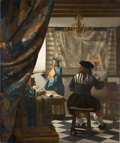 Reprodukcja The Art of Painting, Johannes Vermeer - Aranżacja w pracowni artysty. Ściany w jasnych kolorach, podłoga