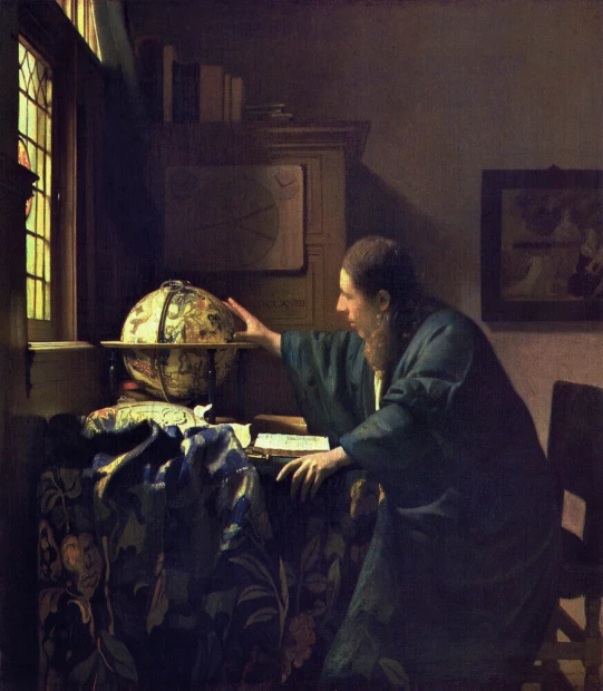 Reprodukcja The Astronomer, Johannes Vermeer - Wzór graficzny. Mężczyzna przy globusie, światło pada z okna, ciemne tło