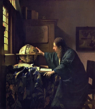 Reprodukcja The Astronomer, Johannes Vermeer - Wzór graficzny. Mężczyzna przy globusie, światło pada z okna, ciemne tło