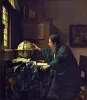Reprodukcja The Astronomer, Johannes Vermeer - Wzór graficzny. Mężczyzna przy globusie, światło pada z okna, ciemne tło