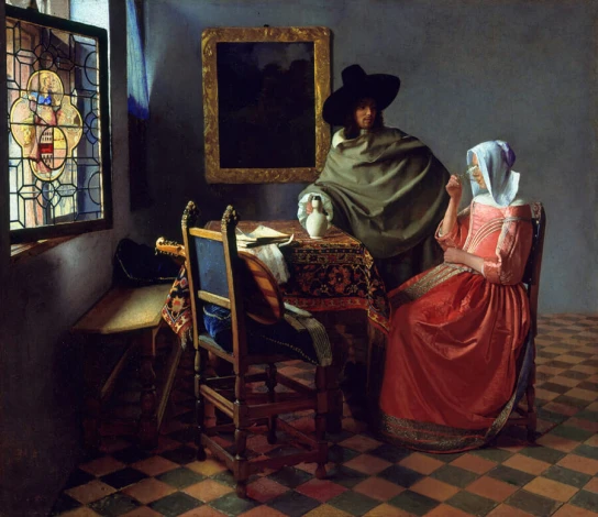 Reprodukcja The Glass of Wine, Johannes Vermeer - Aranżacja w kuchni. Ściany w odcieniach niebieskiego, drewniane meble